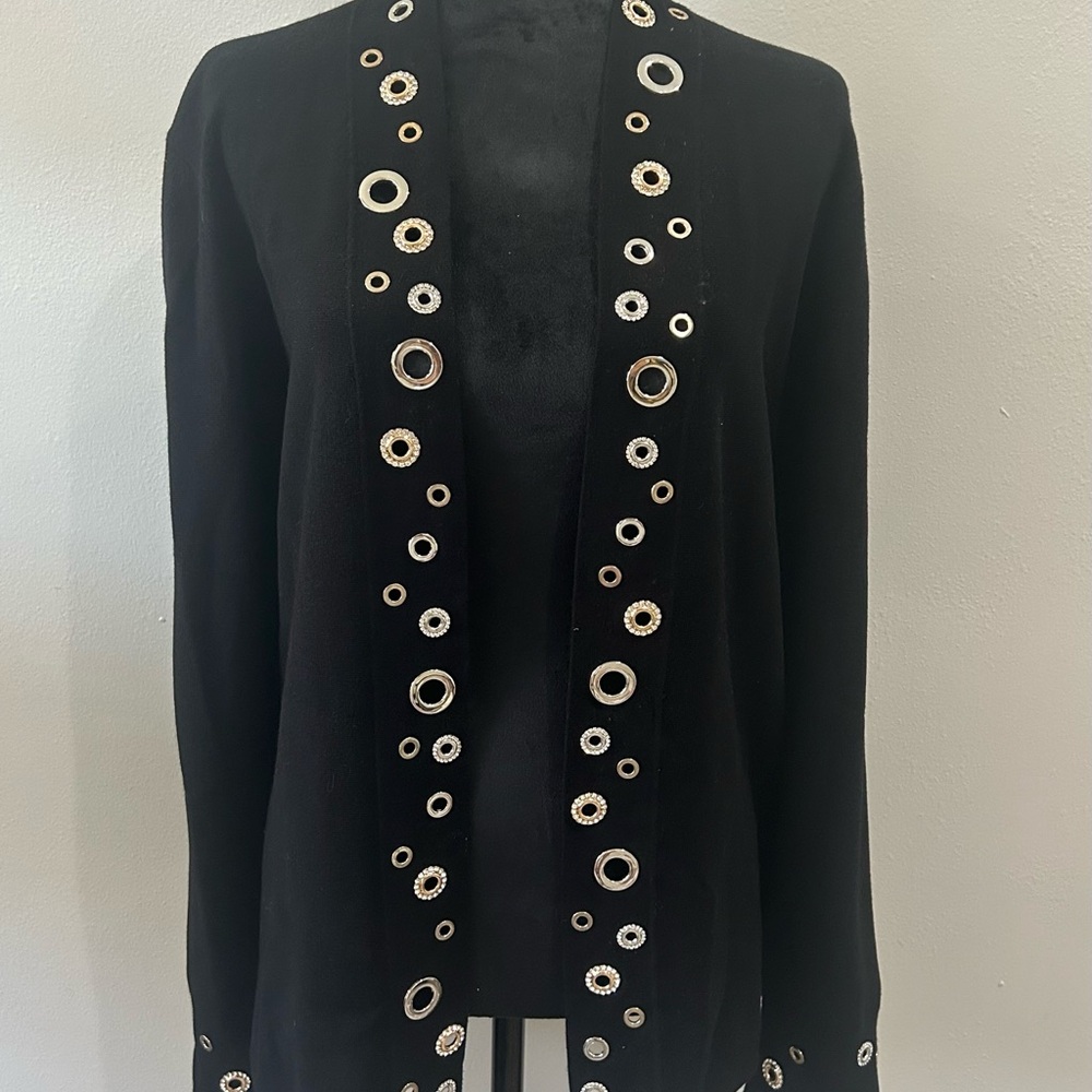 Chico's Black Lightweight Cardigan with Gold, Silver, Rhinestone Circle Accents